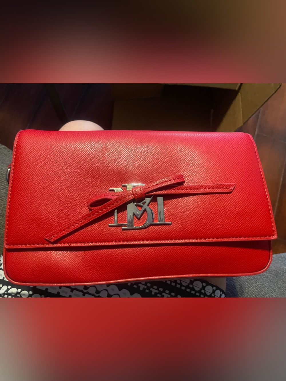 Badgley Mischka Red Leather Clutch with Bow and Logo
